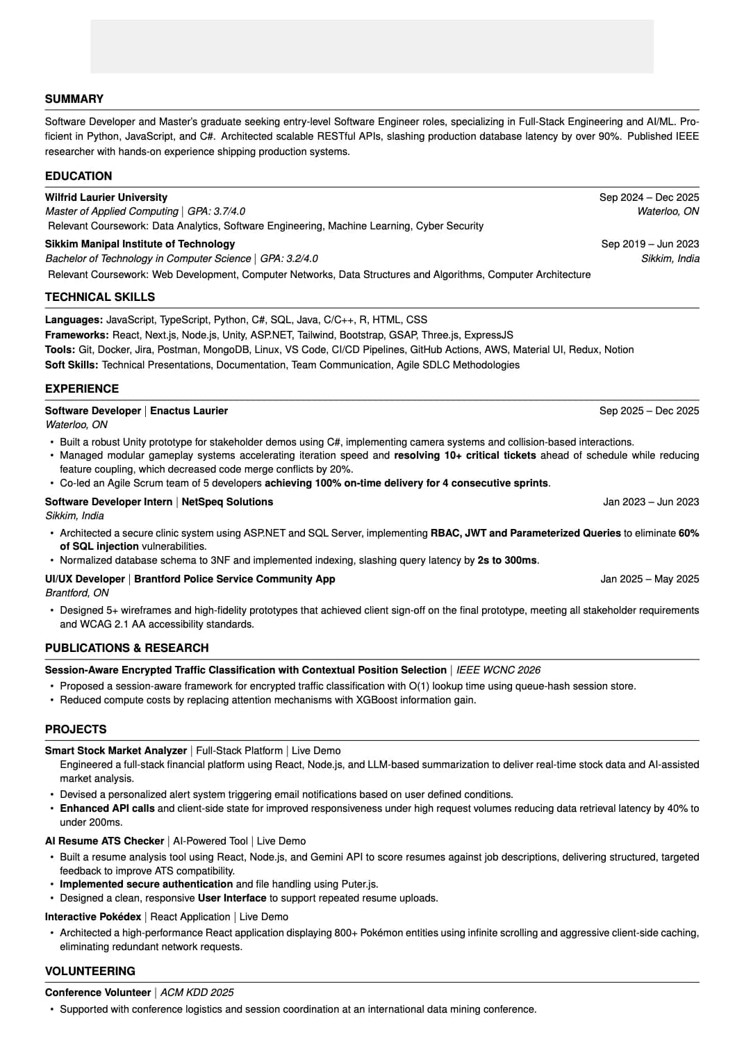 Software Engineer resume that passed Accenture FS resume screen