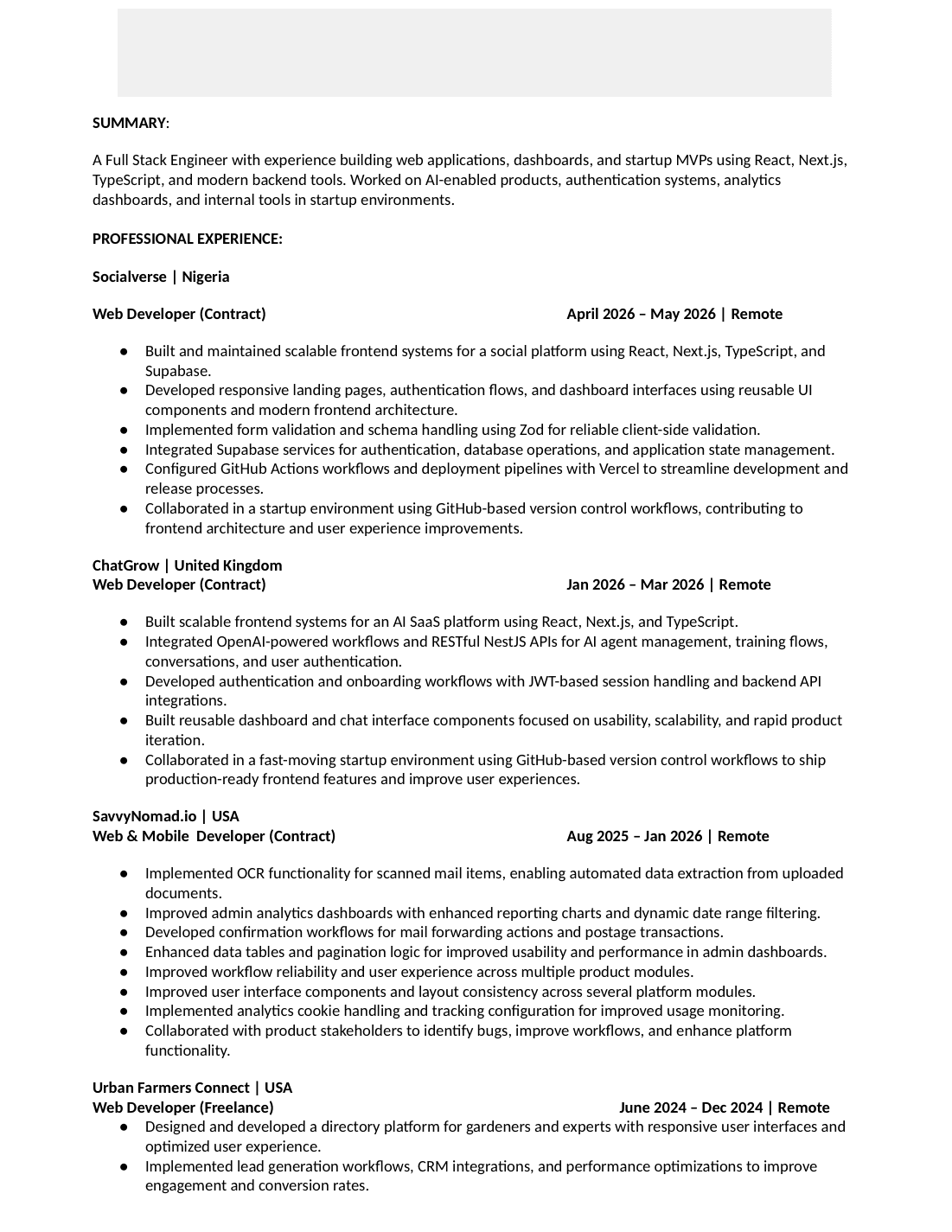 Software Engineer resume that passed Abacus resume screen