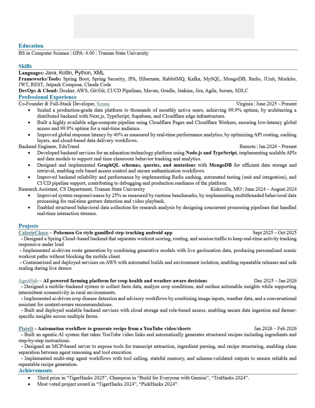 Software Engineer resume that passed Bizzabo resume screen