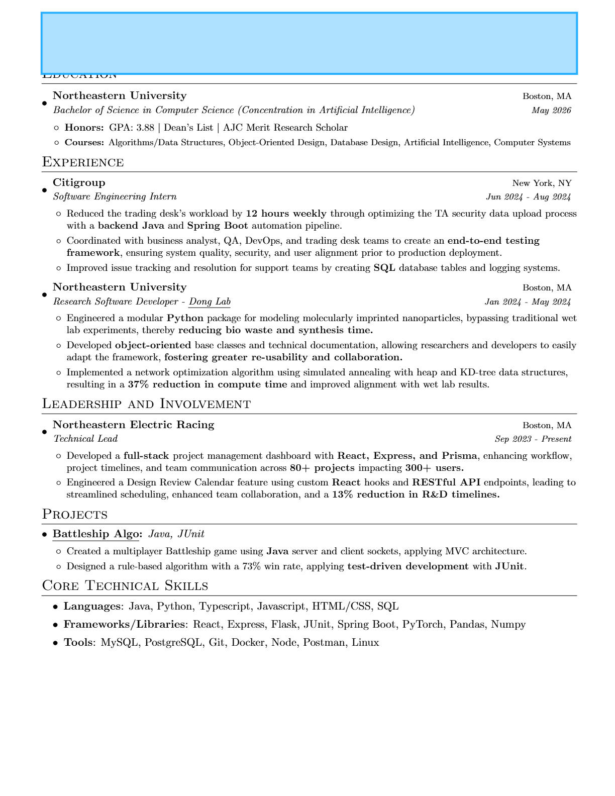 Software Engineer resume that passed ByteDance resume screen