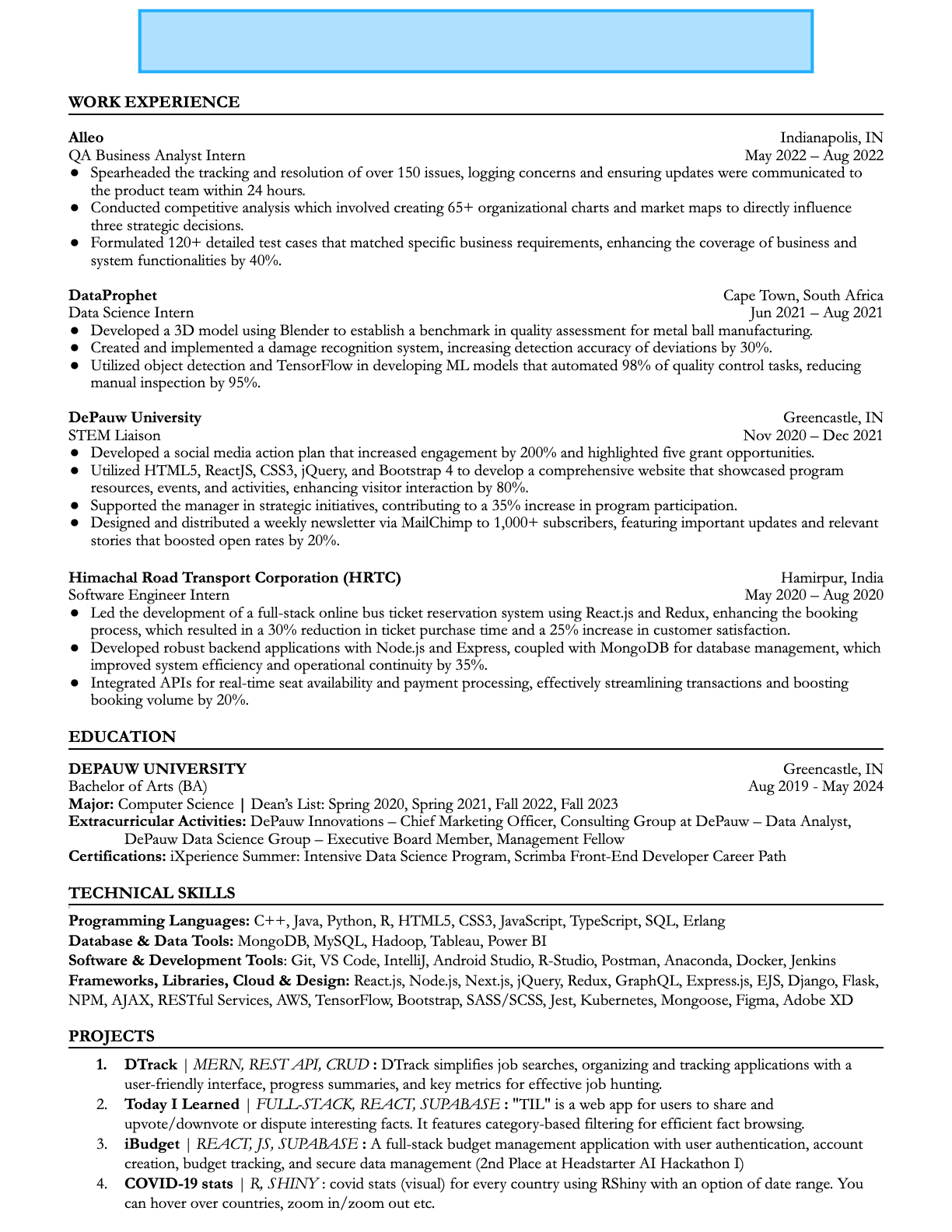 Software Engineer resume that passed ByteDance resume screen