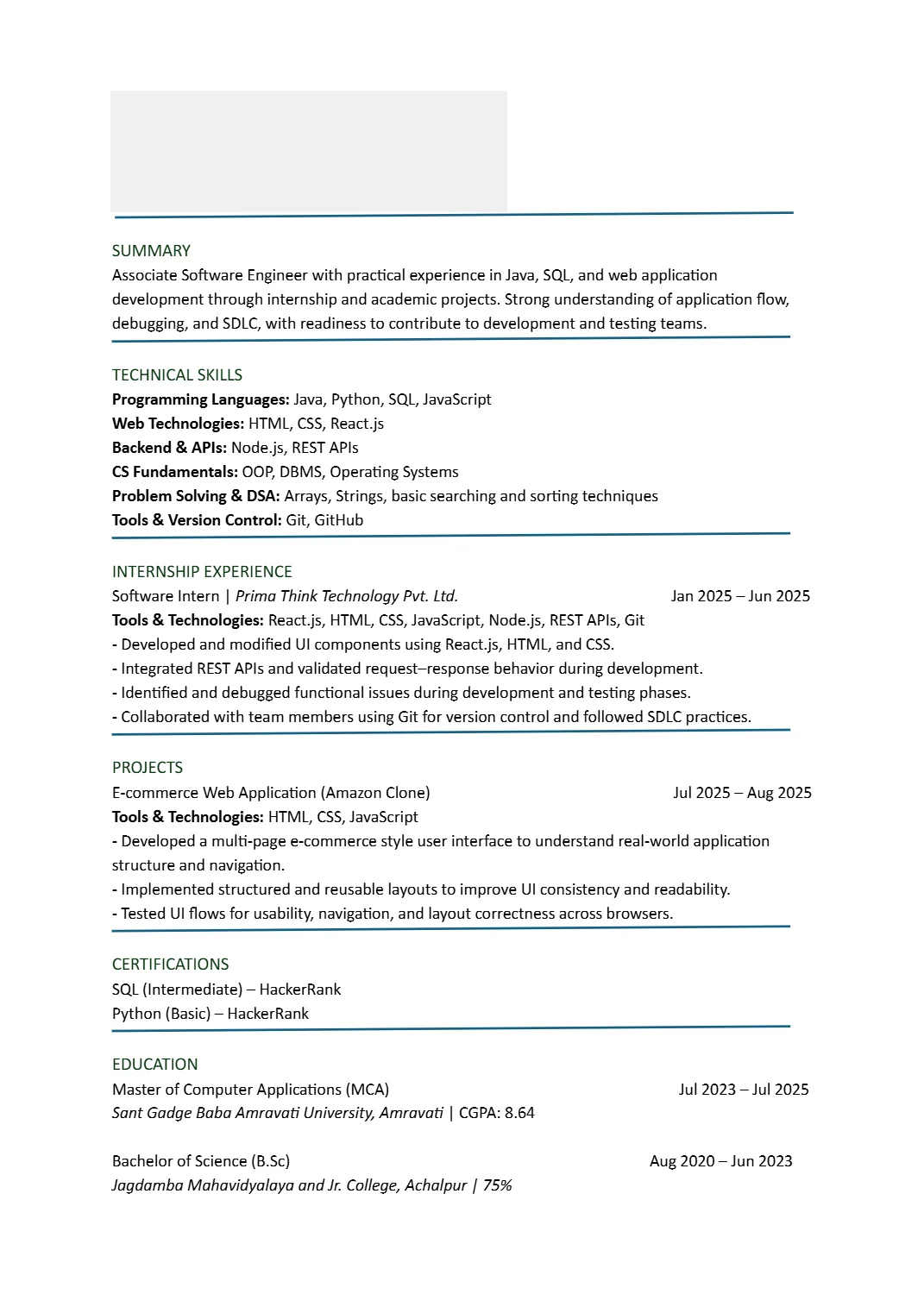 Software Engineer resume that passed Amazon resume screen