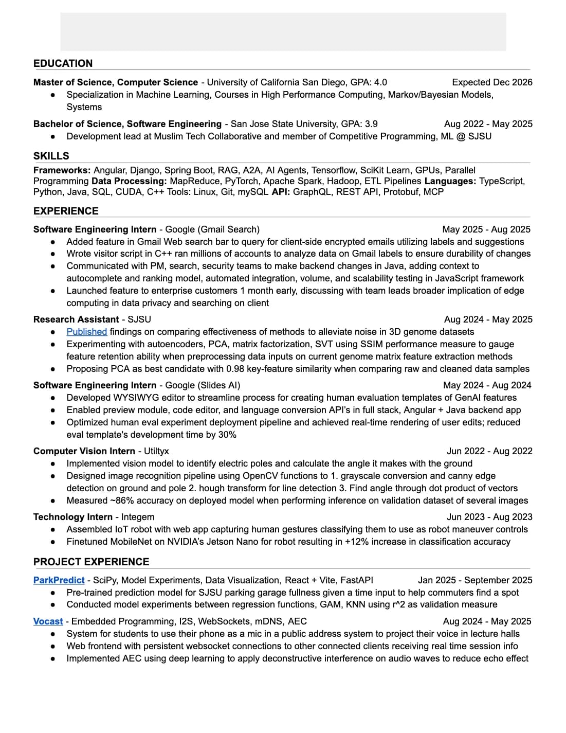 Software Engineer resume that passed Nvidia resume screen