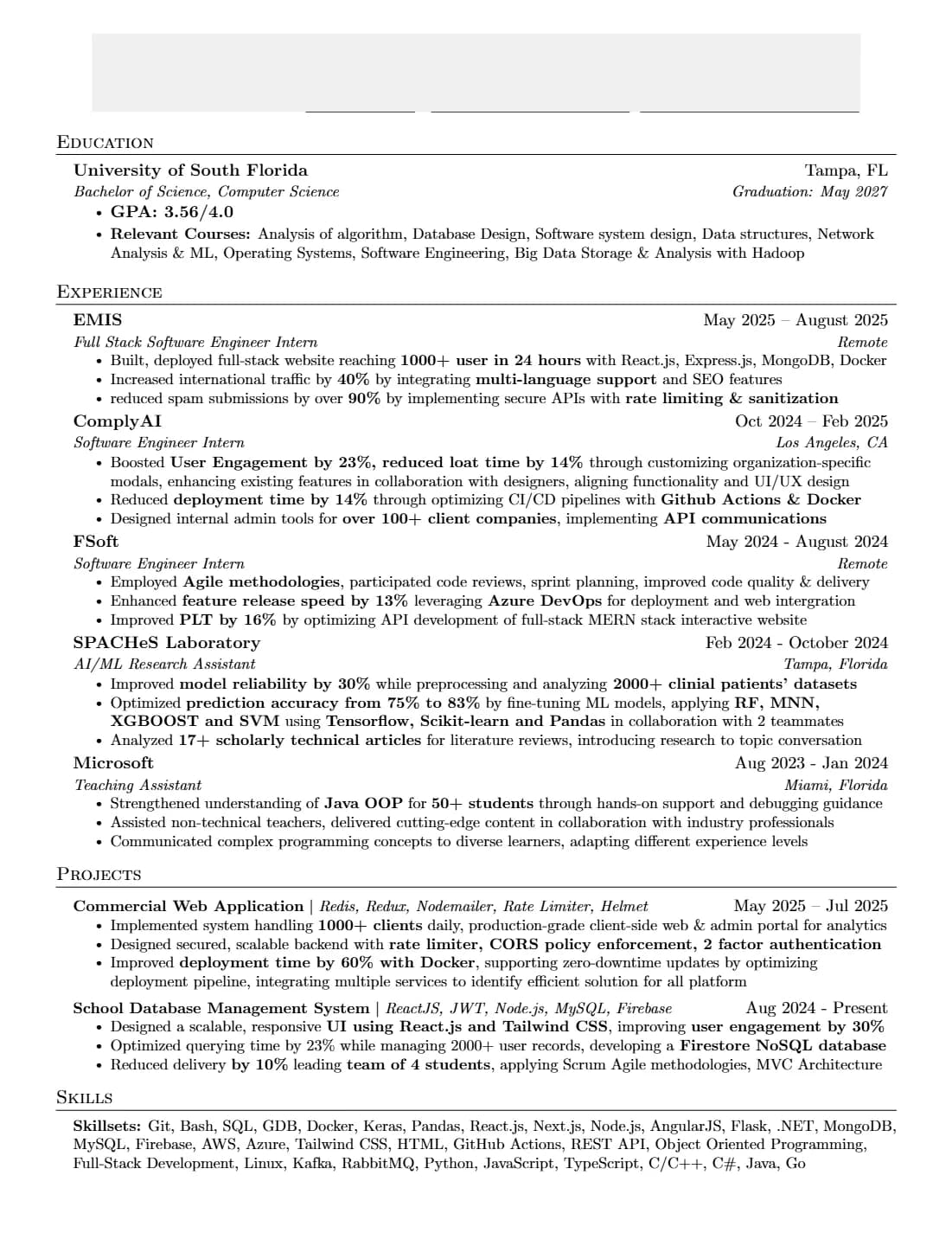Software Engineer resume that passed Optiver resume screen