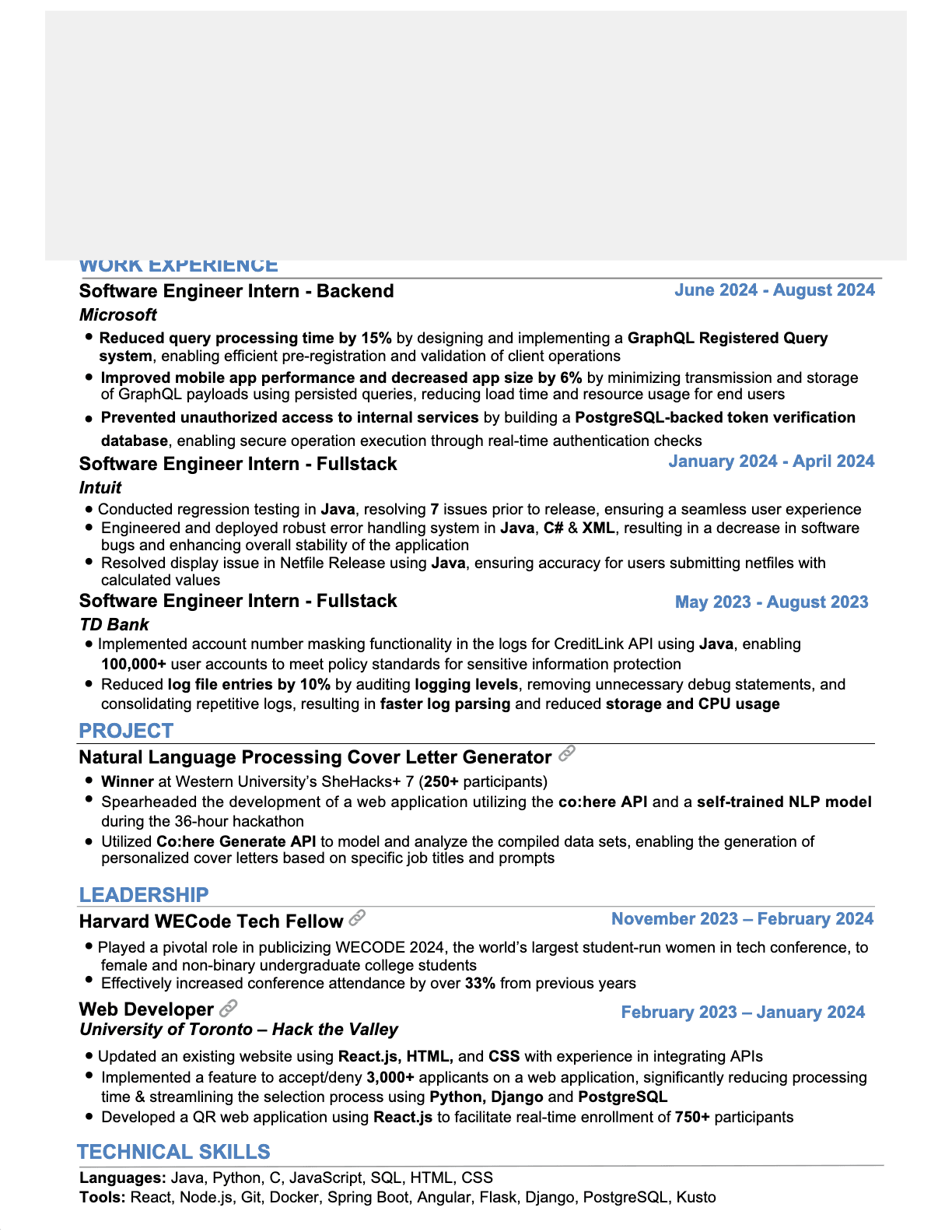 Software Engineer resume that passed Microsoft resume screen