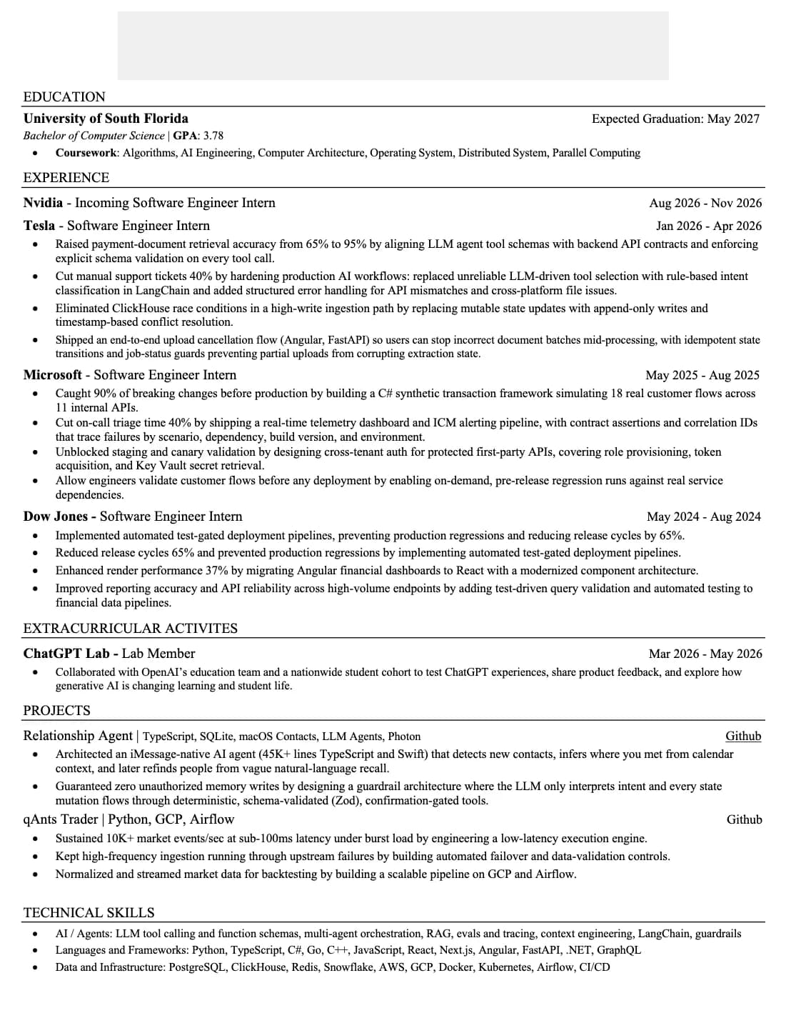 Software Engineer resume that passed Microsoft resume screen