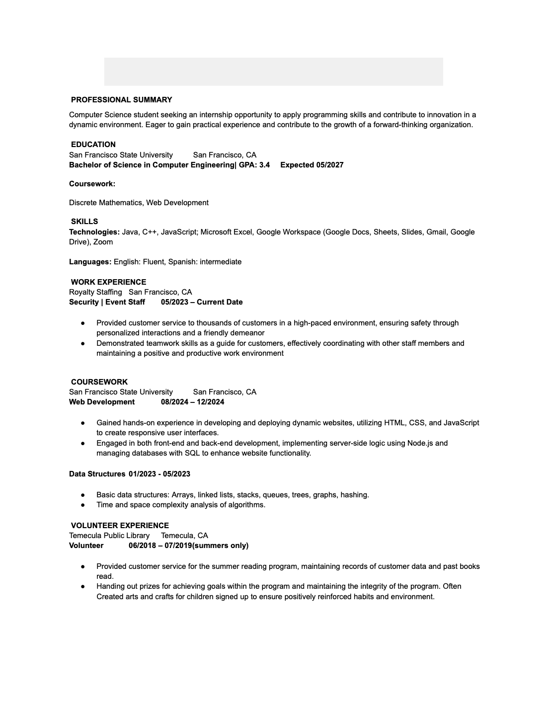 Software Engineer resume that passed Meta resume screen
