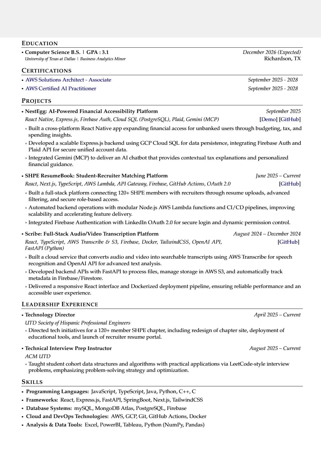 Software Engineer resume that passed JP Morgan Chase resume screen
